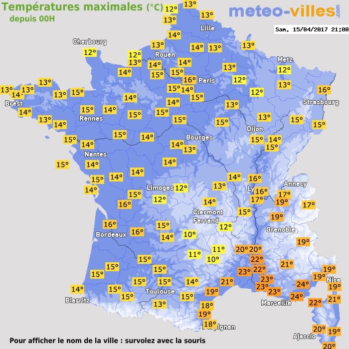 Températures maximales (°C) depuis 00h