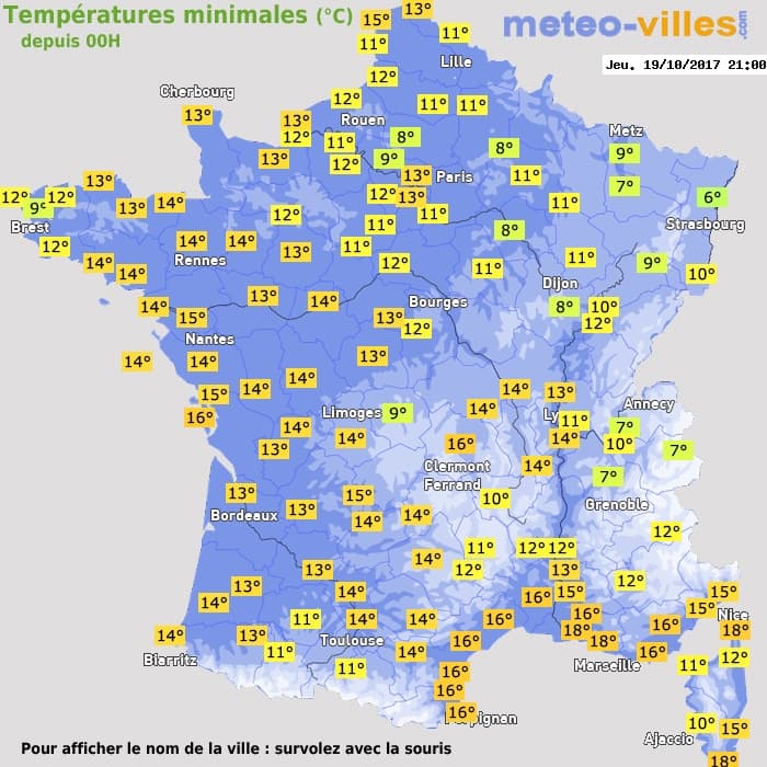 Températures minimales (°C) depuis 00h