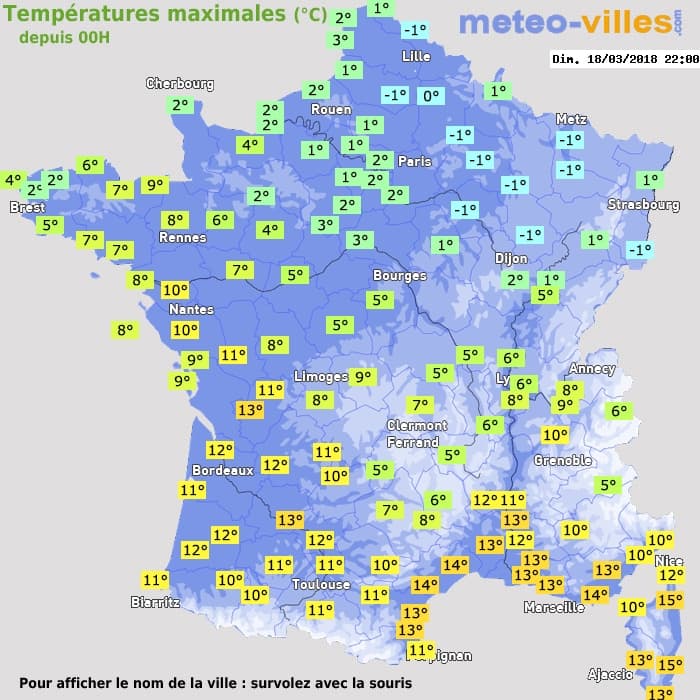 Températures maximales (°C) depuis 00h