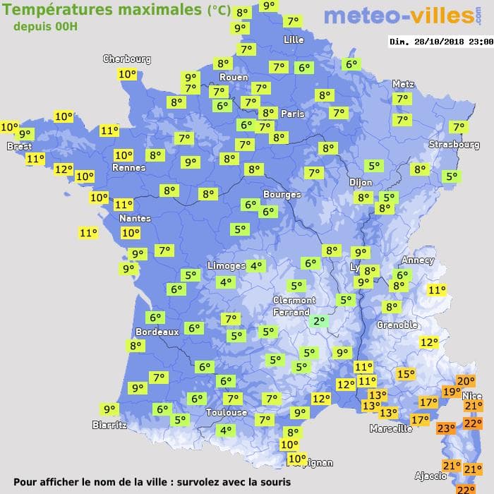 Températures maximales (°C) depuis 00h