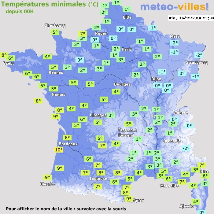 Températures minimales (°C) depuis 00h