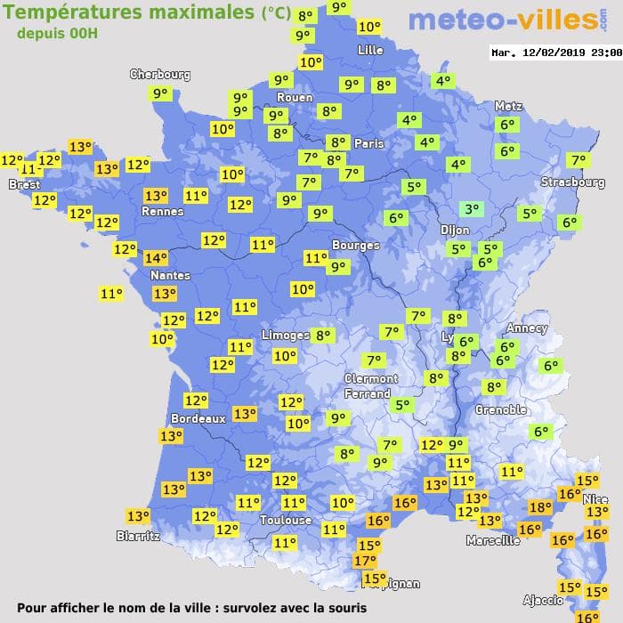 Températures maximales (°C) depuis 00h