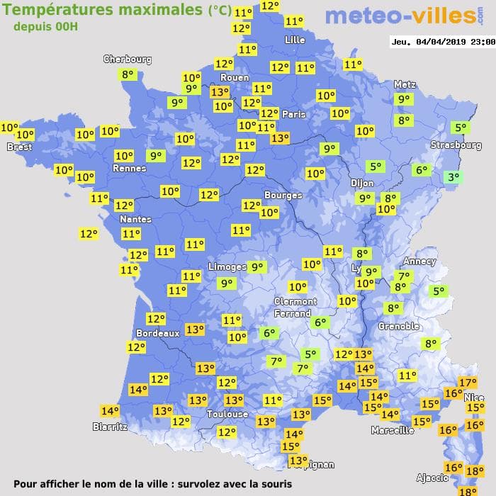 Températures maximales (°C) depuis 00h