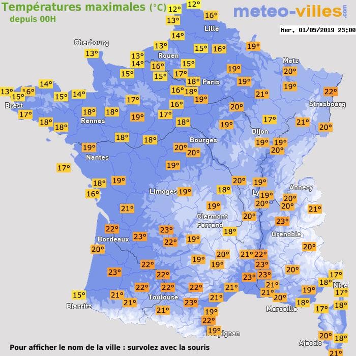 Températures maximales (°C) depuis 00h
