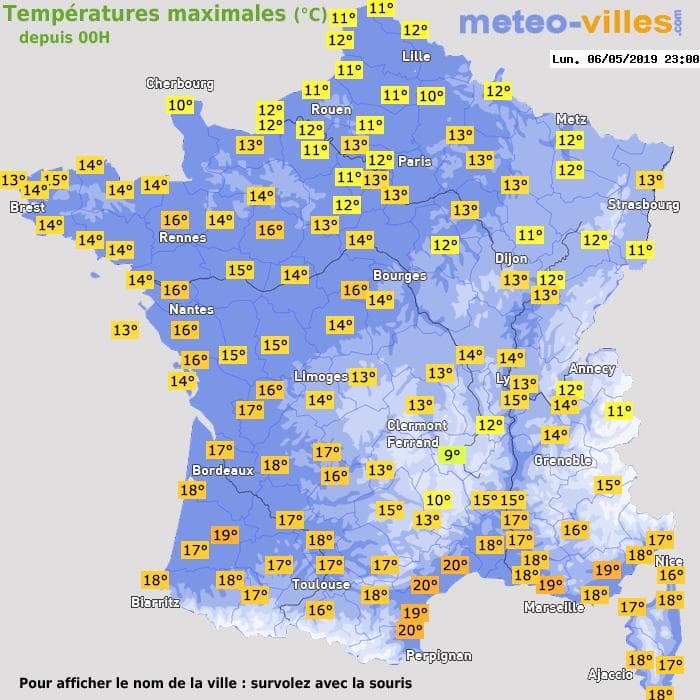 Températures maximales (°C) depuis 00h