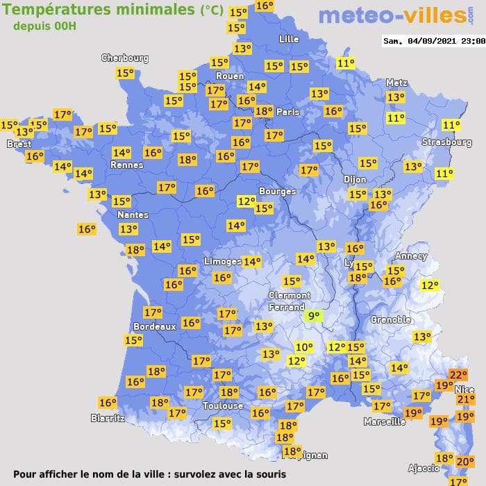 Températures minimales (°C) depuis 00h