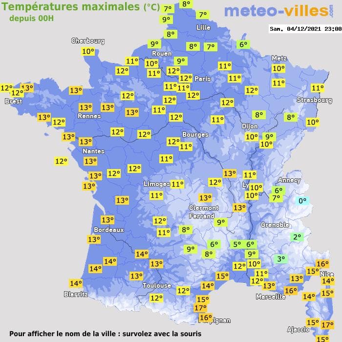 Températures maximales (°C) depuis 00h