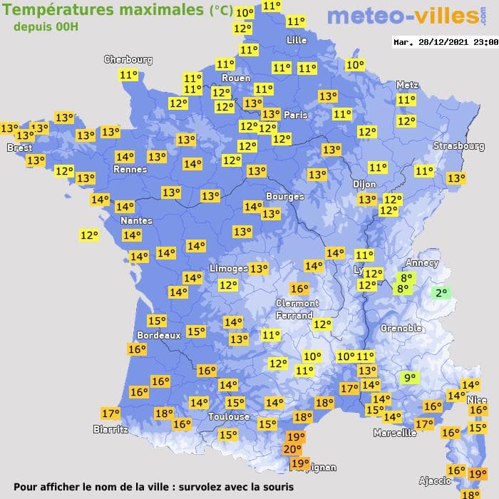 Températures maximales (°C) depuis 00h