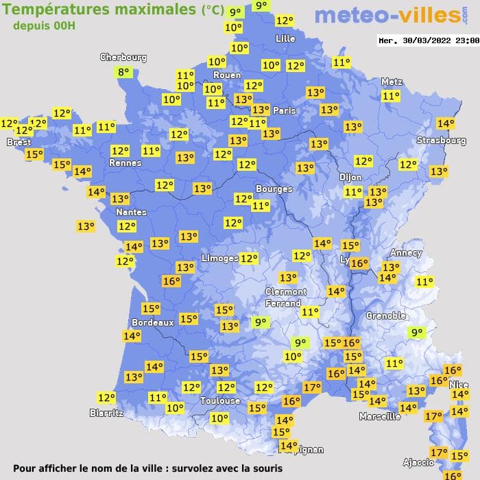 Températures maximales (°C) depuis 00h