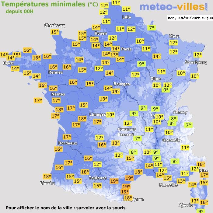 Températures minimales (°C) depuis 00h