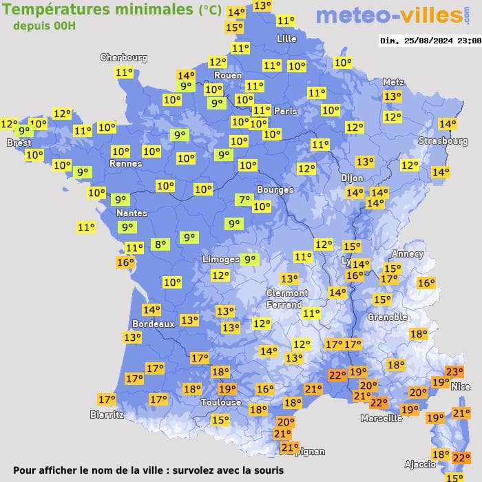 Températures minimales (°C) depuis 00h
