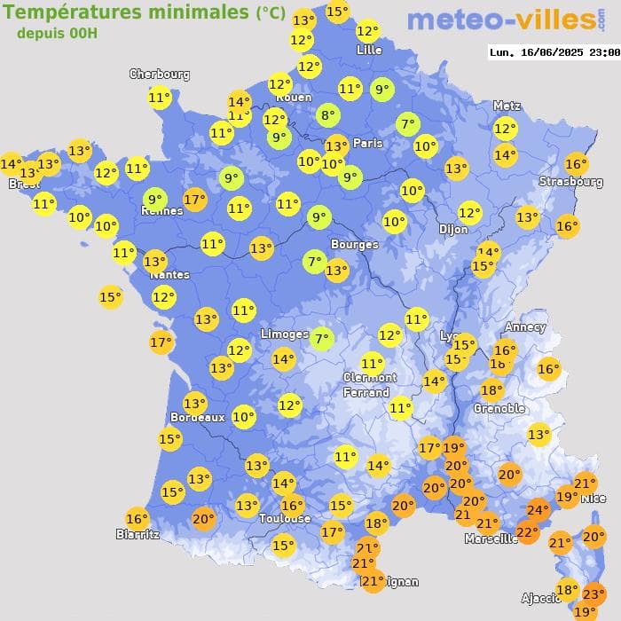 Températures minimales (°C) depuis 00h