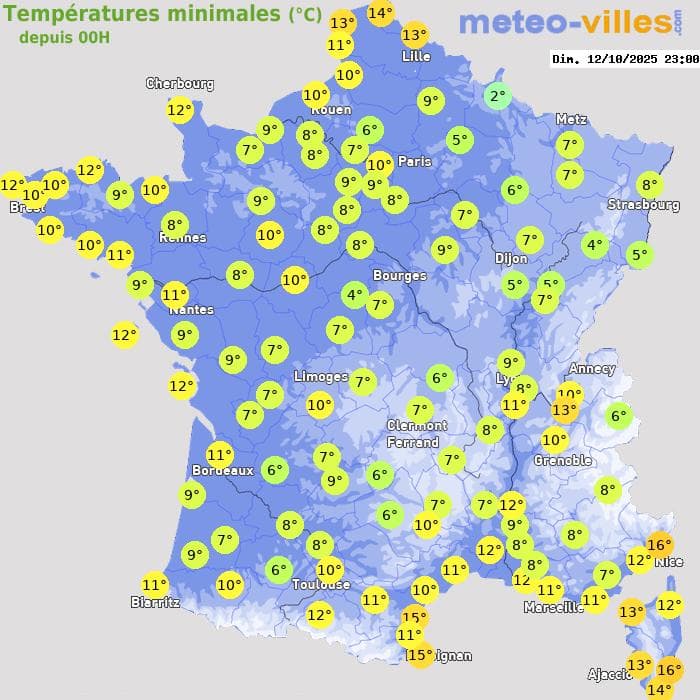 Températures minimales (°C) depuis 00h