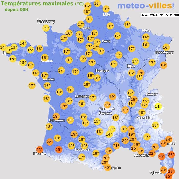 Températures maximales (°C) depuis 00h