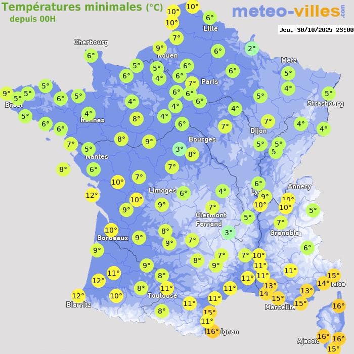 Températures minimales (°C) depuis 00h