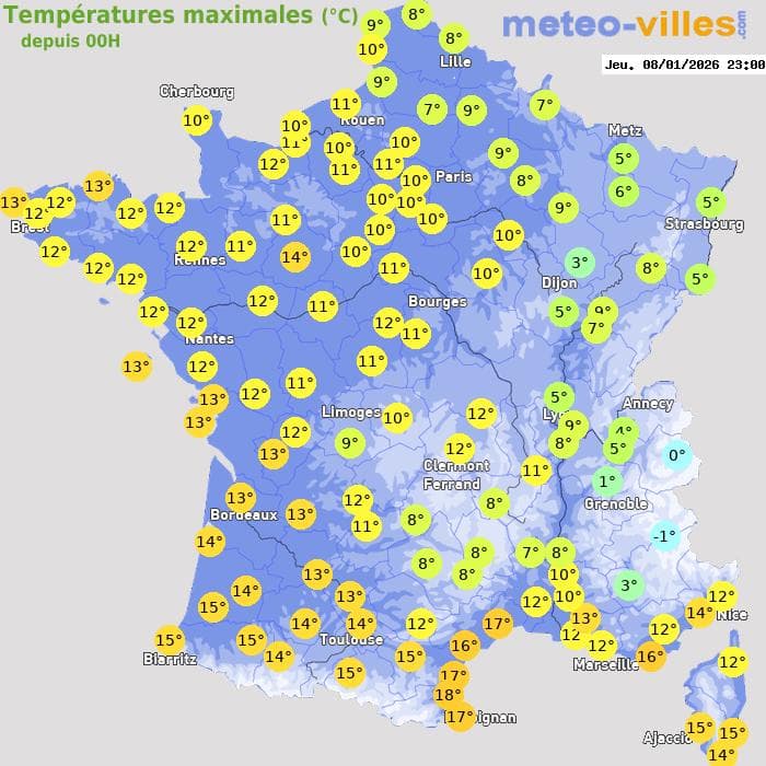 Températures maximales (°C) depuis 00h