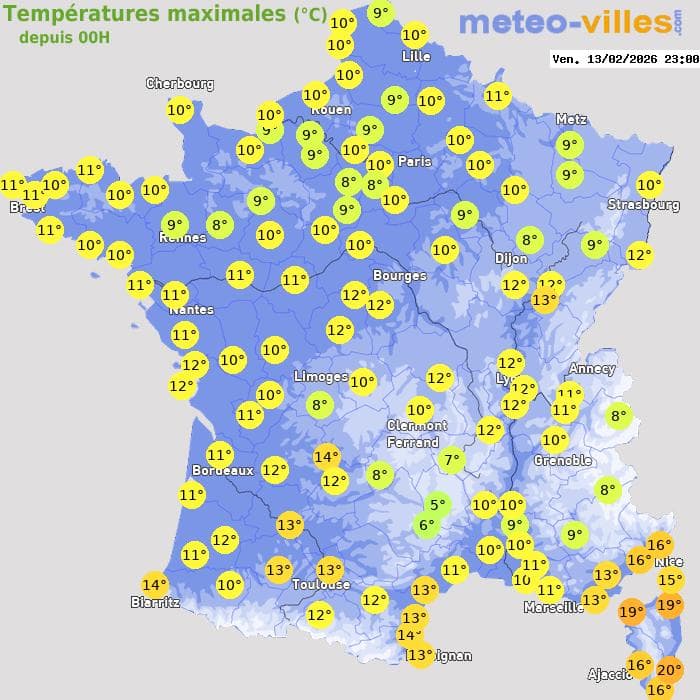 Températures maximales (°C) depuis 00h