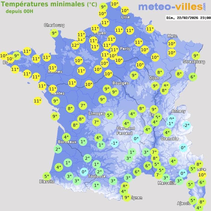 Températures minimales (°C) depuis 00h