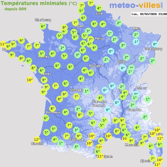 Températures minimales (°C) depuis 00h