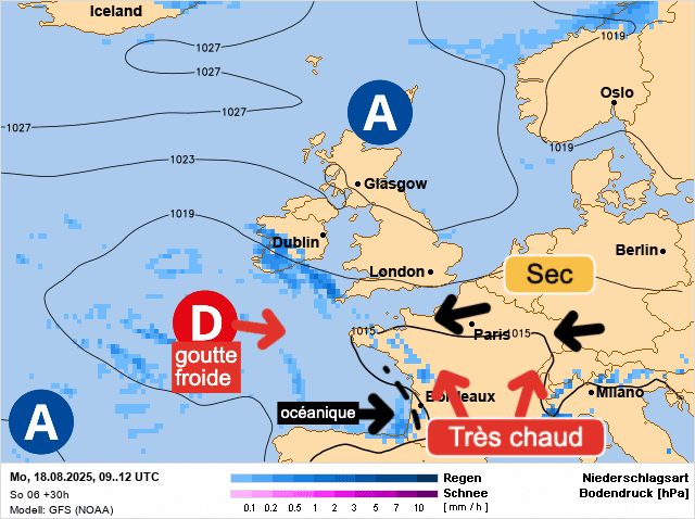 Carte de prévisions d'europe du Lundi 18 août 2025