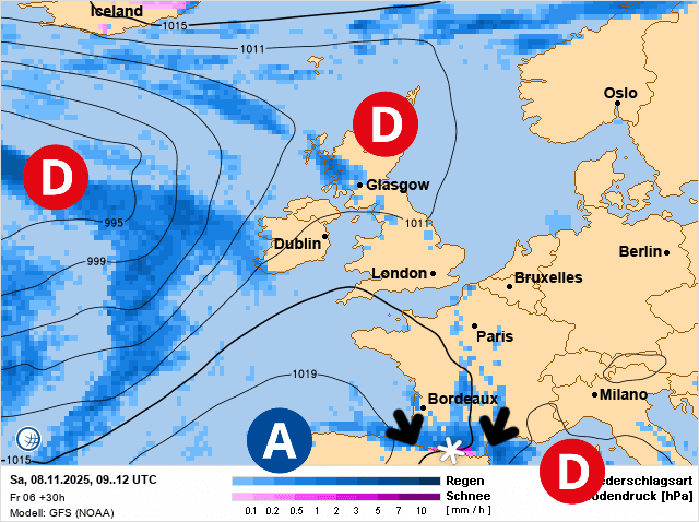 Carte de prévisions d'europe du Samedi 8 novembre 2025