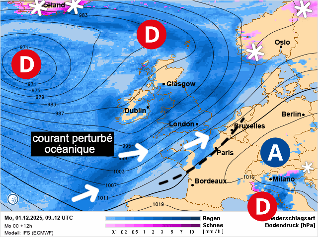 Carte de prévisions d'europe du Lundi 1 décembre 2025