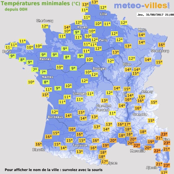 Températures minimales (°C) depuis 00h