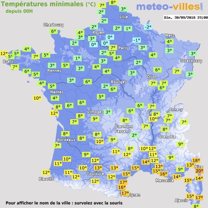 Températures minimales (°C) depuis 00h