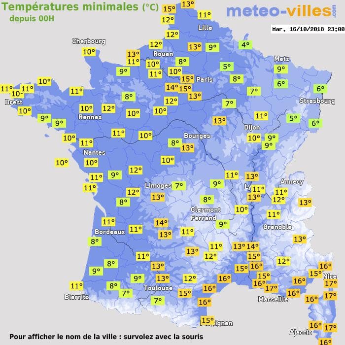Températures minimales (°C) depuis 00h