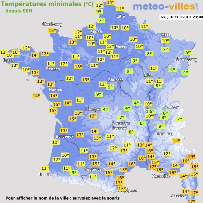 Températures minimales (°C) depuis 00h