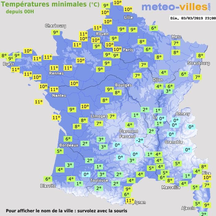 Températures minimales (°C) depuis 00h