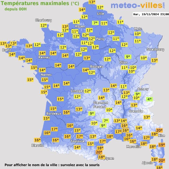 Températures maximales (°C) depuis 00h