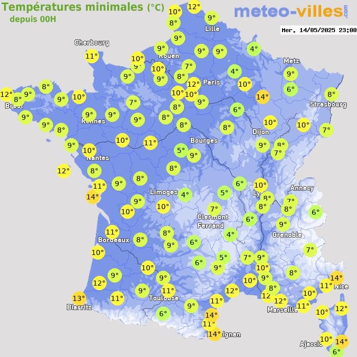 Températures minimales (°C) depuis 00h