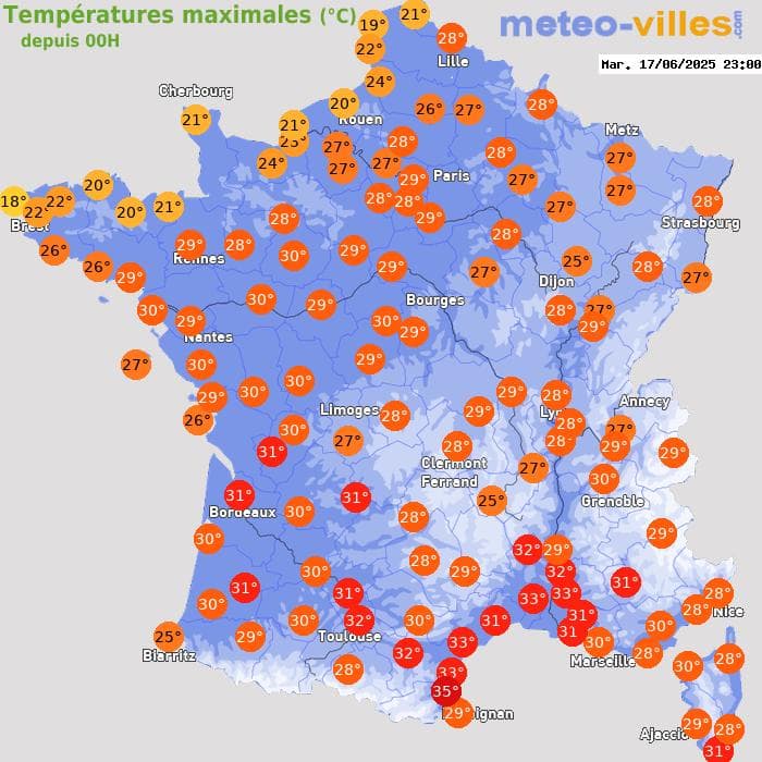 Températures maximales (°C) depuis 00h
