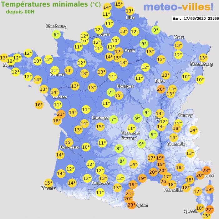Températures minimales (°C) depuis 00h