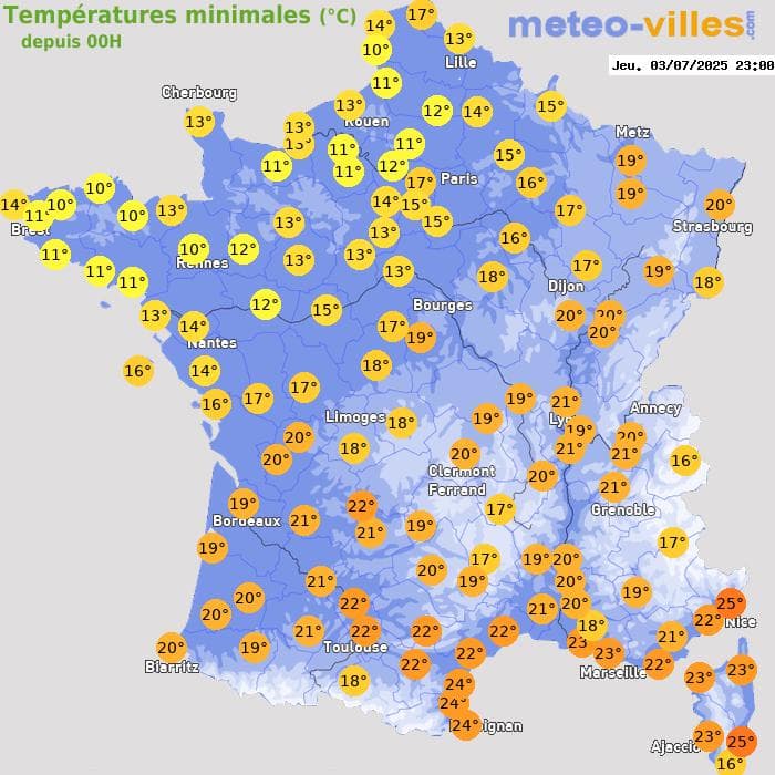 Températures minimales (°C) depuis 00h