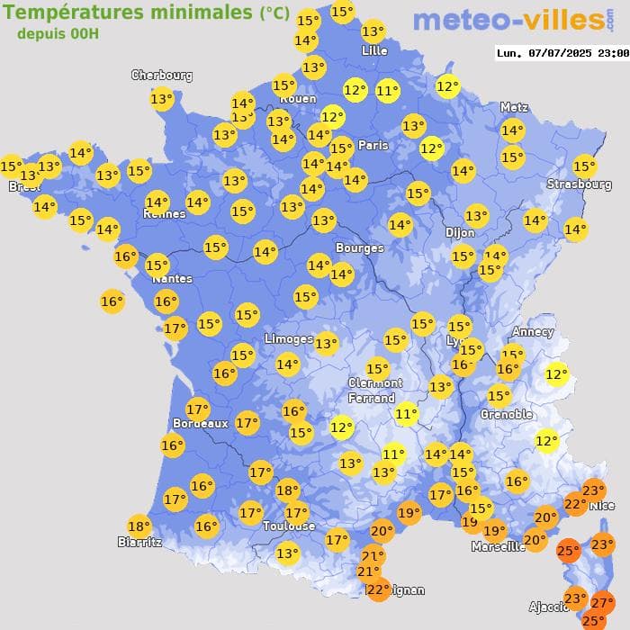 Températures minimales (°C) depuis 00h