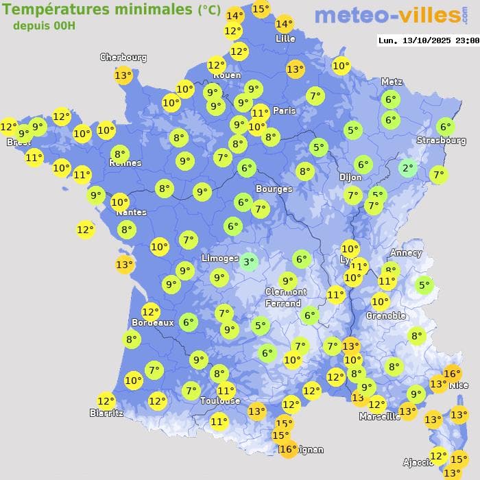 Températures minimales (°C) depuis 00h