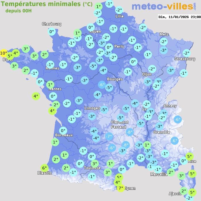 Températures minimales (°C) depuis 00h